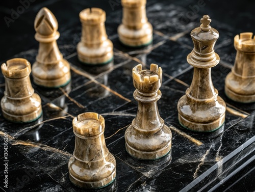 Obraz na płótnie Onyx chess pieces on black marble board with dramatic top-down lighting and negative space around w salonie