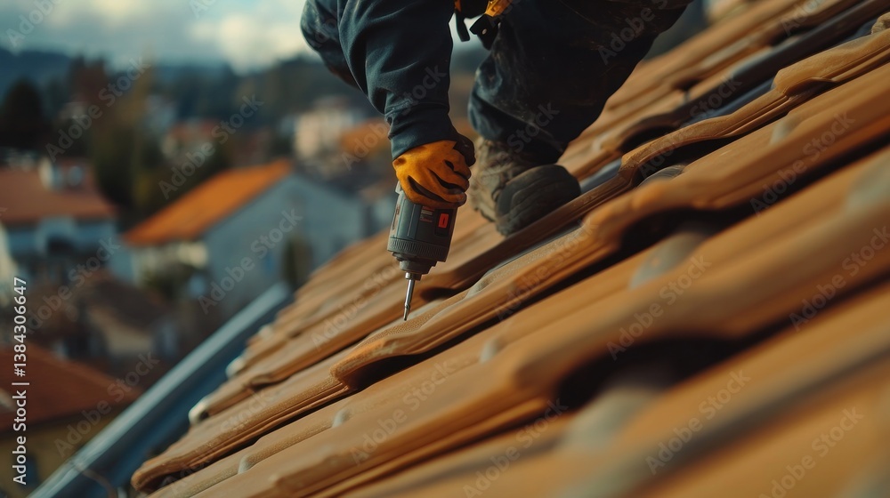 Roofing worker securing terracotta tiles Roofing worker securing terracotta tiles