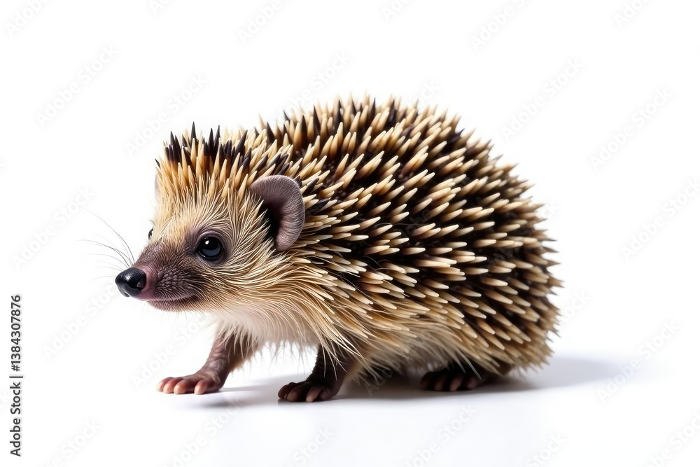 Fototapeta premium A single brown hedgehog against a stark white backdrop, showing its spines clearly, macro, animal portrait