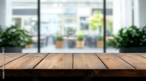 Empty Rustic Wooden Tabletop in Modern Cafe with Blurred Background