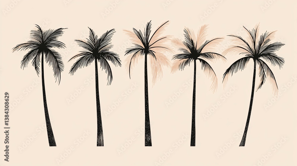 Fototapeta premium Six palm trees, illustration, tropical background, design element