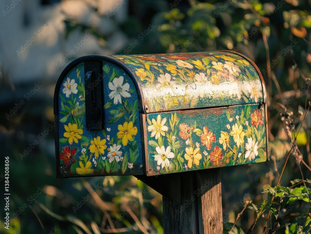 Painted mailbox with flowers and morning sunlight