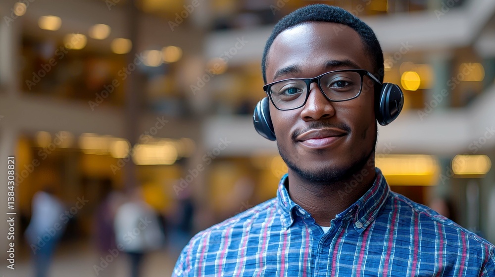 Portrait of a smiling young African man wearing headphones and glasses in a modern building Portrait of a smiling young African man wearing headphones and glasses in a modern building
