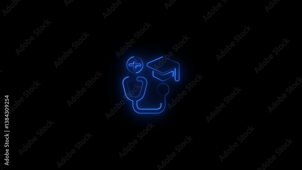 Glowing neon line Stethoscope medical instrument icon with graduate icon animation on a dark background. Glowing neon line Stethoscope medical instrument icon with graduate icon animation on a dark background.