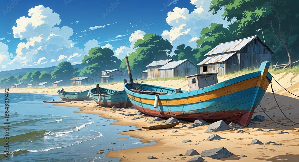 Obraz premium Weathered fishing boats on a sandy riverbank anime cartoon style illustration artwork design background