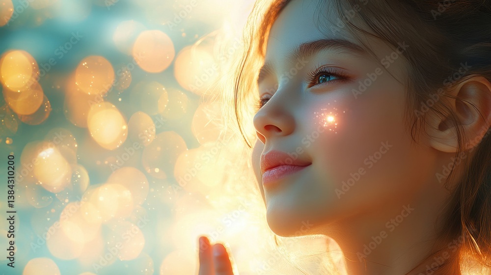 Fototapeta premium illustration, technology, glow, lovely mother applying sunscreen on cute little girl on cheeks,stock photo