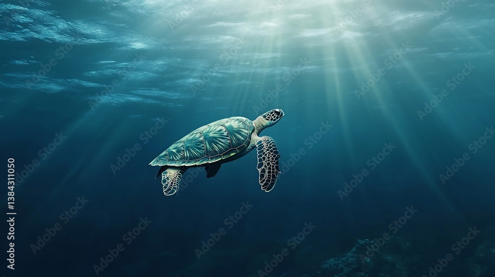Obraz premium Underwater Turtle Sunbeams Ocean Depths