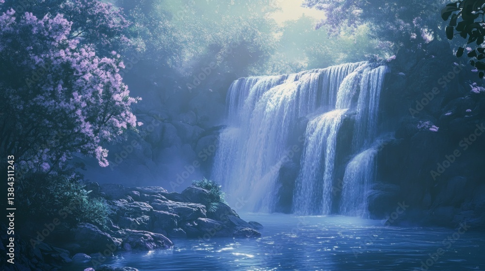 Misty waterfall cascading through lush forest; serene nature scene; ideal for travel brochures Misty waterfall cascading through lush forest; serene nature scene; ideal for travel brochures