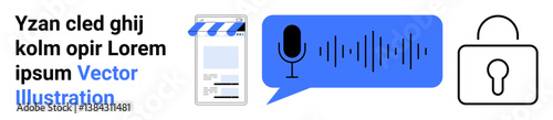 Digital storefront with awning, speech bubble with sound waves, and lock icon for privacy. Ideal for technology, mobile apps, communication, encryption, security, data management simple landing page