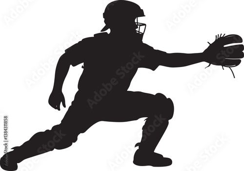 Silhouette of a baseball catcher in action, wearing protective gear, reaching out with a glove to catch the ball in a dynamic sports pose