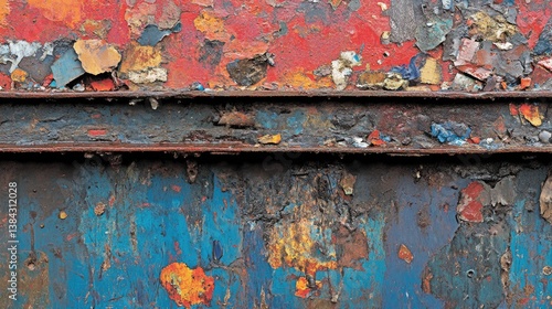 Rusty metal surface displaying peeling paint on train car. Abstract textured background