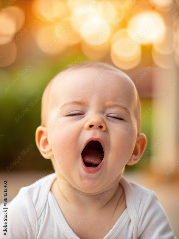 baby yawning with serene expression, surrounded by soft, blurred background, captures moment of peacefulness baby yawning with serene expression, surrounded by soft, blurred background, captures moment of peacefulness