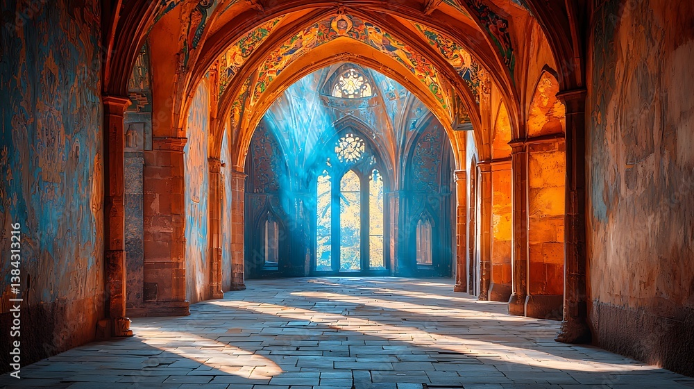Fototapeta premium Majestic Hallway with Gothic Architecture and Sunlight
