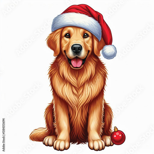 Cute Christmas Santa hat Cartoon Golden Retriever Dog Vector Illustration isolated