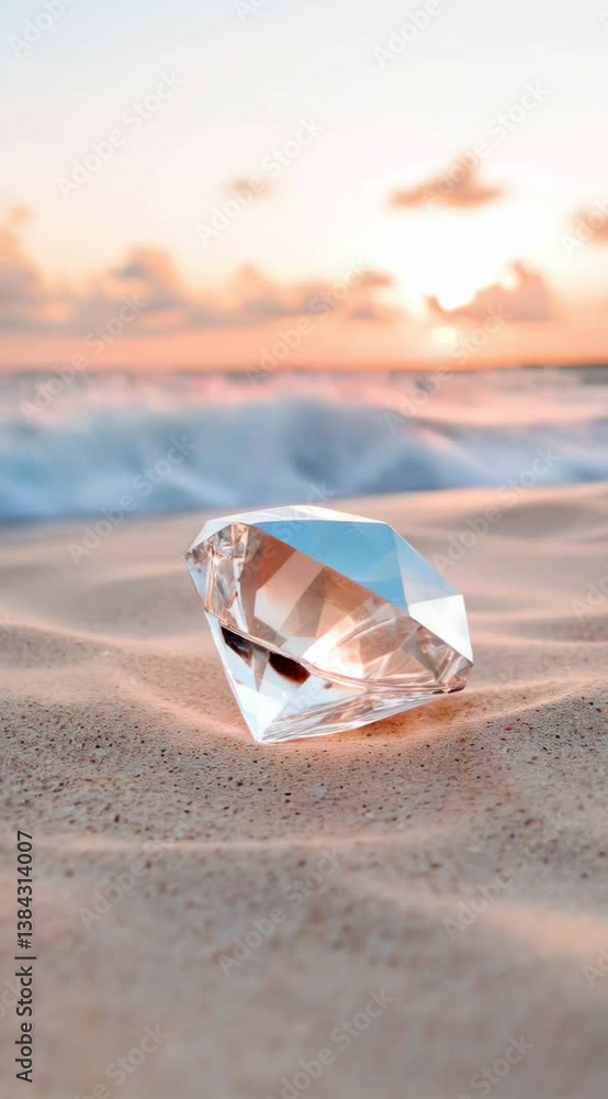 Sparkling diamond resting on soft sand against ocean background Sparkling diamond resting on soft sand against ocean background