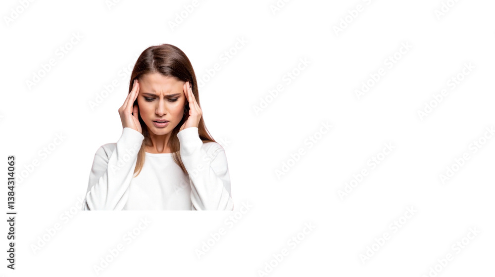 Stressed young woman suffering from headache, migraine, or anxiety, holding head in pain, feeling frustrated and overwhelmed on transparent background Stressed young woman suffering from headache, migraine, or anxiety, holding head in pain, feeling frustrated and overwhelmed on transparent background