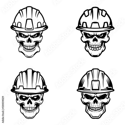 Four black and white illustrations of skulls wearing construction helmets.