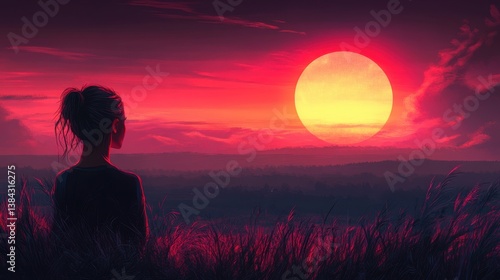 illustration, technology, glow, serene latin woman enjoy sunset with gratitude,illustration