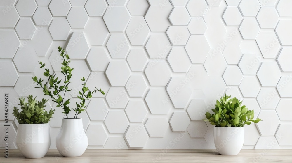 Modern minimalist interior, plants, hexagon wall, calm. Use Home decor Modern minimalist interior, plants, hexagon wall, calm. Use Home decor