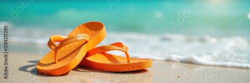 Bright orange flip flops by the ocean , ocean, orange, beach