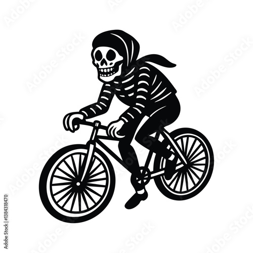 Skeleton riding bicycle silhouette vector illustration isolated white background