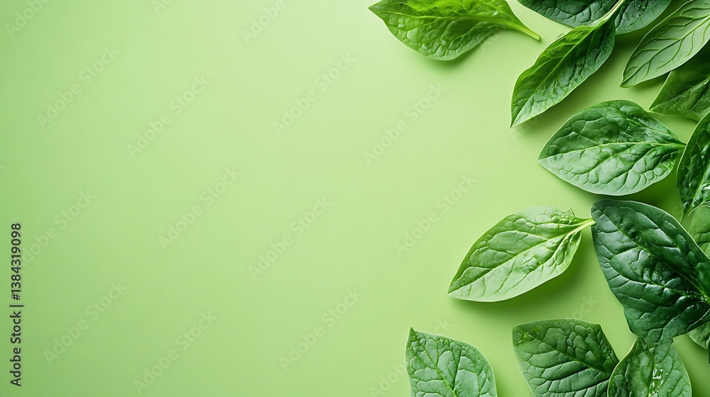 A cozy National Spinach Day background featuring fresh spinach leaves with deep green color and healthy nutrients, against a soft green gradient, macro shot