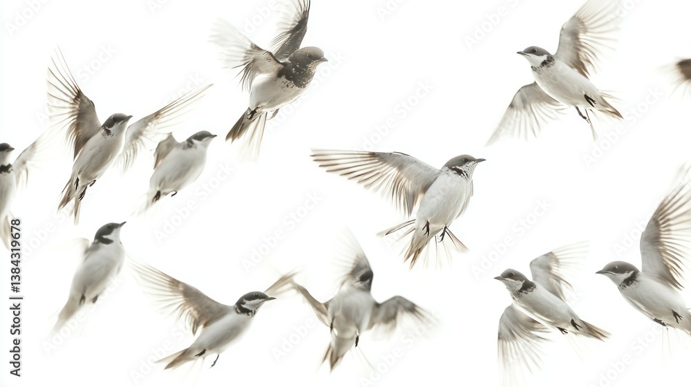 Obraz premium Birds in slow-motion flight isolated on white background