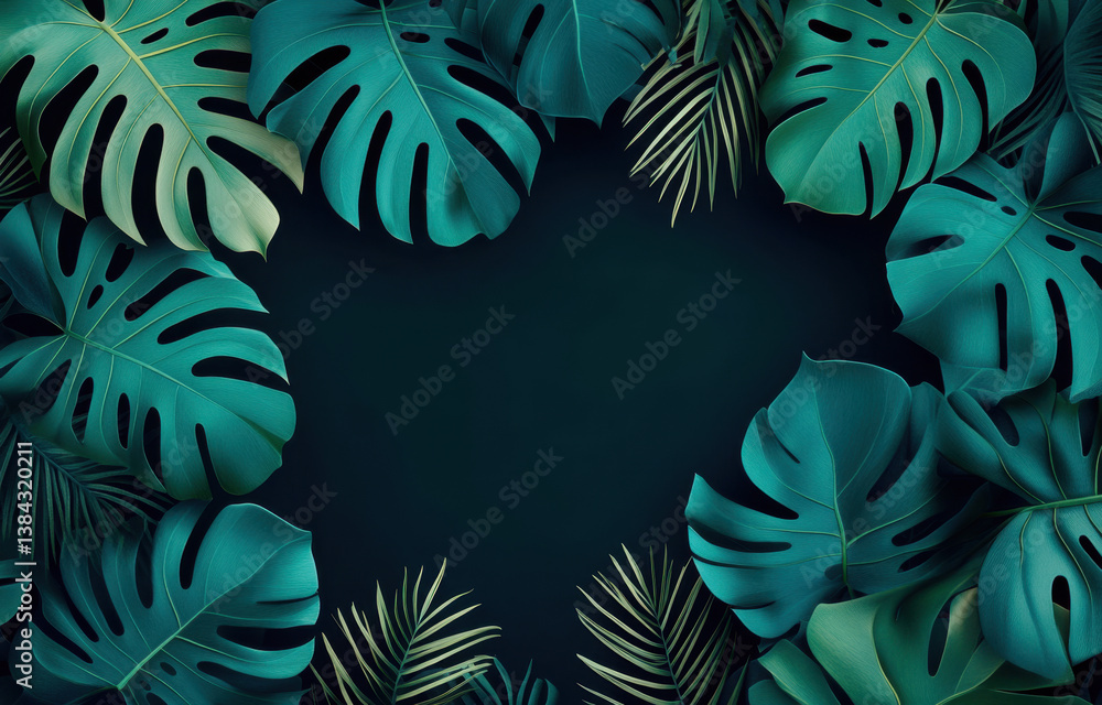 Naklejka premium Lush monstera leaves and tropical foliage create vibrant frame against dark background, evoking sense of tranquility and natural beauty. This composition is perfect for nature lovers