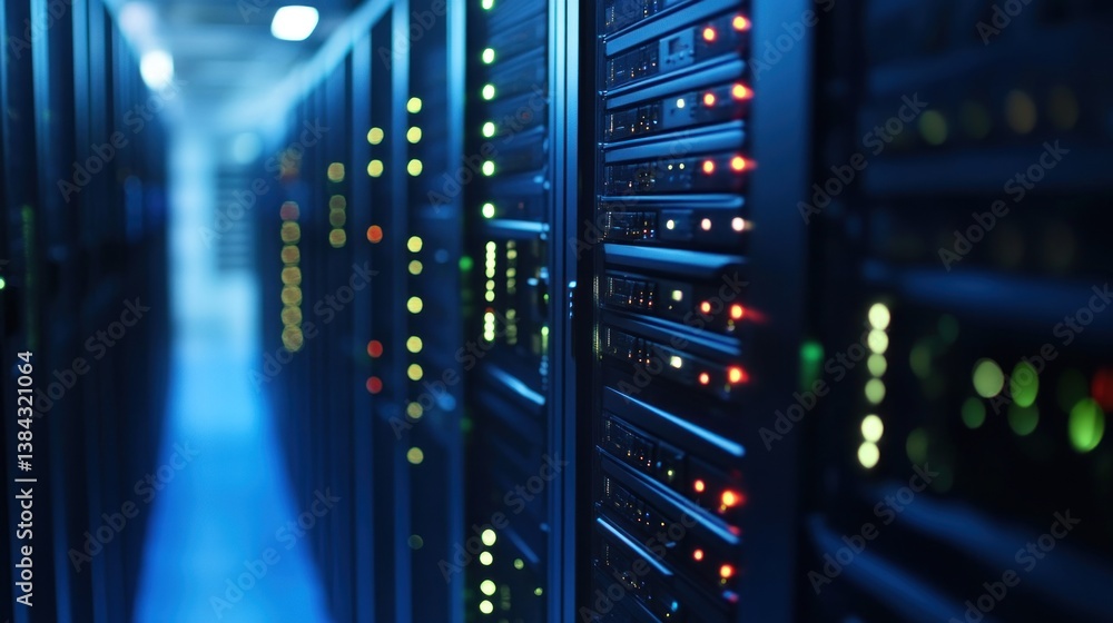 Server racks in a data center with illuminated components. Server racks in a data center with illuminated components.