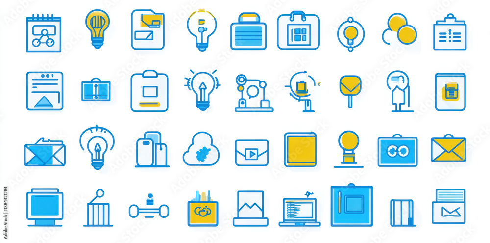 Set of vector illustrations featuring various icons related to technology, communication, and business. collection includes light bulbs, briefcases, envelopes, and more, conveying innovation Set of vector illustrations featuring various icons related to technology, communication, and business. collection includes light bulbs, briefcases, envelopes, and more, conveying innovation