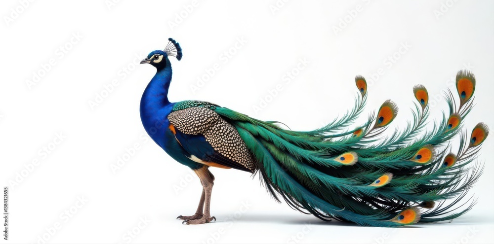 Fototapeta premium Ornate plumage, vibrant colors, pristine white backdrop, vibrant colors, comb