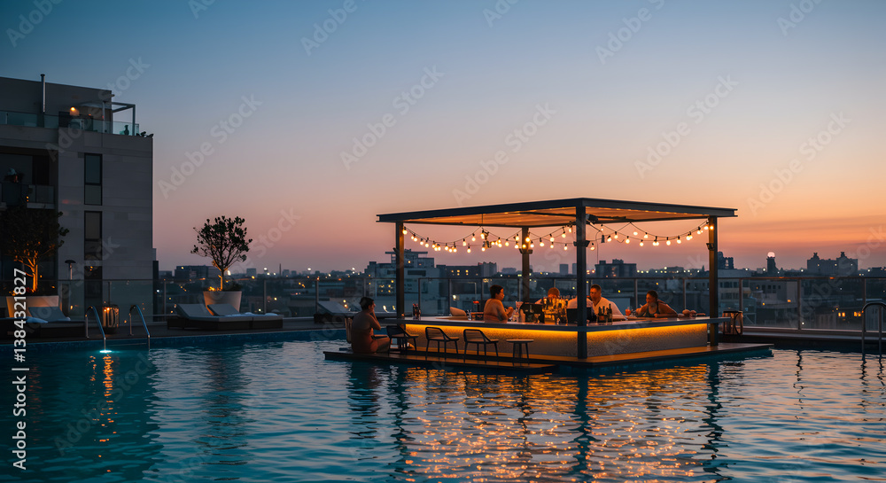 Fototapeta premium Luxury Rooftop Pool Bar at Sunset with City Skyline and Festive Lights