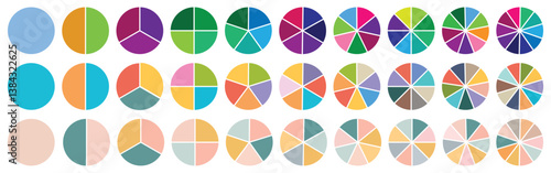 Circle pie chart icons. Pie charts diagram. Circle section graph. Set of different color circles isolated. Vector illustration. Pie chart for data analysis, business presentation, UI, web design