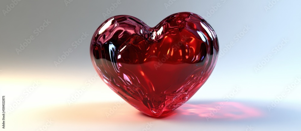 Refractive heart: A 3D rendered ruby heart casting vibrant light and shadow Refractive heart: A 3D rendered ruby heart casting vibrant light and shadow