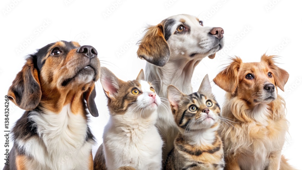 Adorable Pets Group Profile View, Upward Gaze, White Background, Animal Photography, Cute Pets, Pet Portraits Adorable Pets Group Profile View, Upward Gaze, White Background, Animal Photography, Cute Pets, Pet Portraits