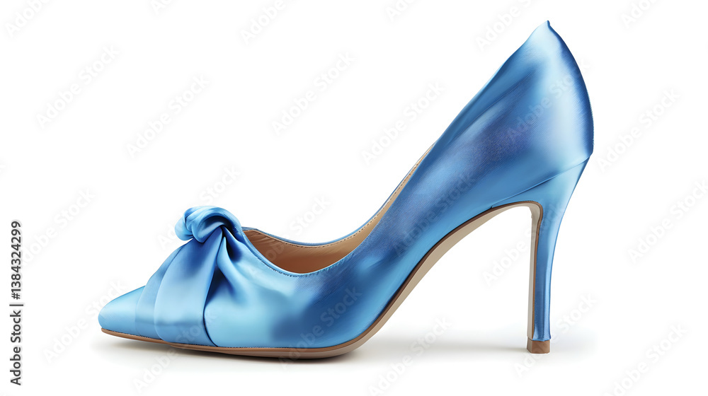 Single blue satin stiletto heel pump with a knotted detail on the toe. Elegant and stylish footwear. isolated on white background Single blue satin stiletto heel pump with a knotted detail on the toe. Elegant and stylish footwear. isolated on white background