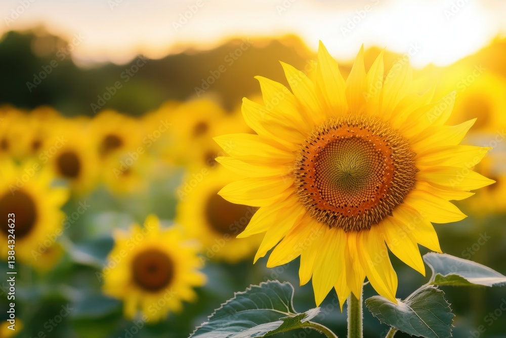 Sunflower field landscape with golden hour lighting and negative space Sunflower field landscape with golden hour lighting and negative space