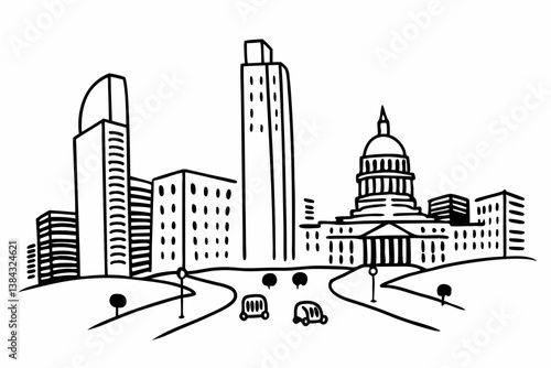 City silhouette land scape. City landscape. Downtown landscape with high skyscrapers. Panorama architecture Goverment buildings illustration. Urban life
