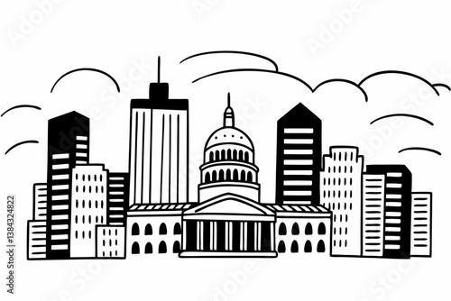 City silhouette land scape. City landscape. Downtown landscape with high skyscrapers. Panorama architecture Goverment buildings illustration. Urban life