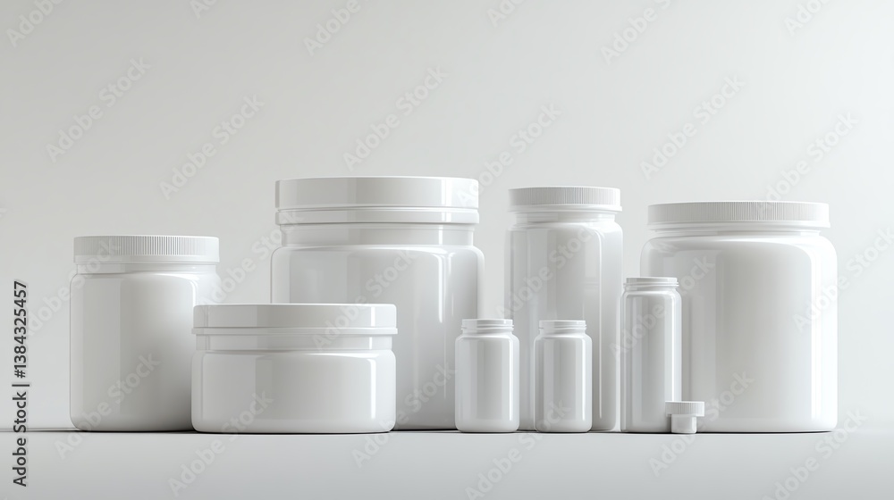 Various White Containers of Different Sizes Arranged on a Light Background for Packaging and Storage Purposes Various White Containers of Different Sizes Arranged on a Light Background for Packaging and Storage Purposes