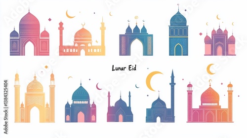 Colorful Mosque Icons, Lunar Eid, Celebration, White Background, Design