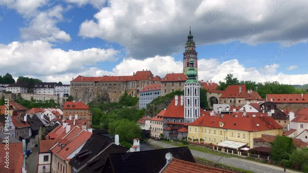 Panoramic skyline view of a European city. Aerial view of a Medieval European town. Cesky Krumlov, Czech Republic. Europe. Panoramic skyline view of a European city. Aerial view of a Medieval European town. Cesky Krumlov, Czech Republic. Europe.