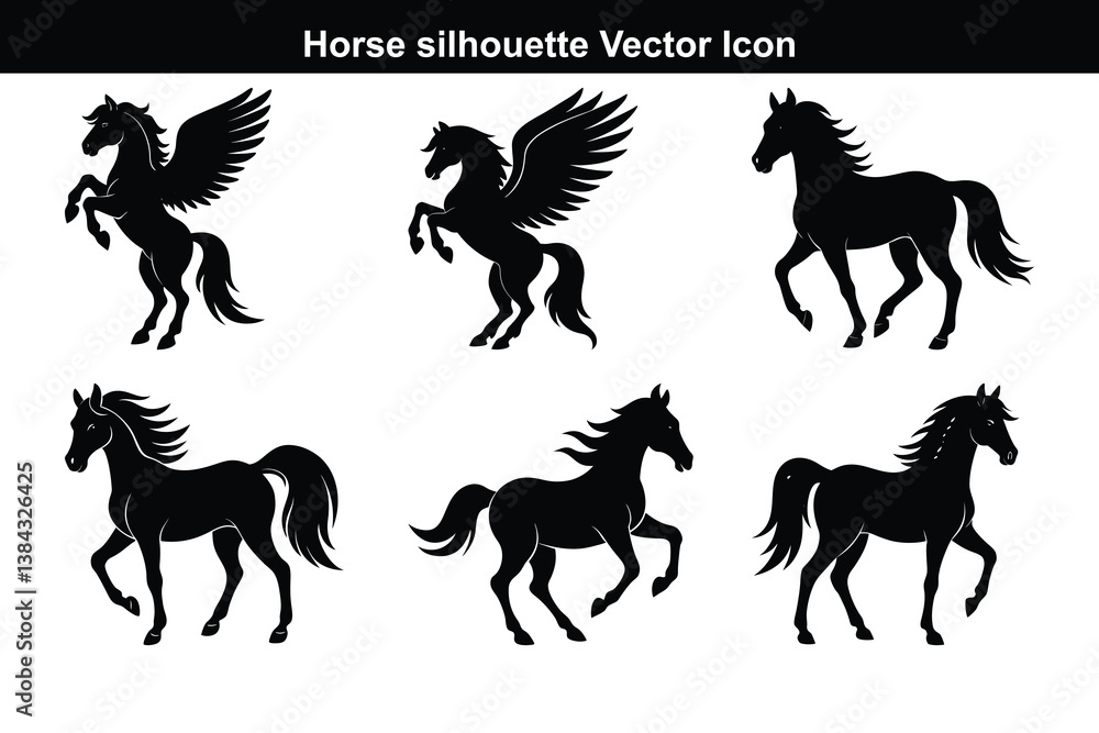 Fototapeta premium A black vector set features running horse silhouettes, a wild animal illustration collection.
