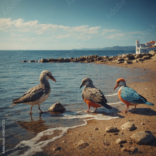 Low-poly art of birds by the seaside.