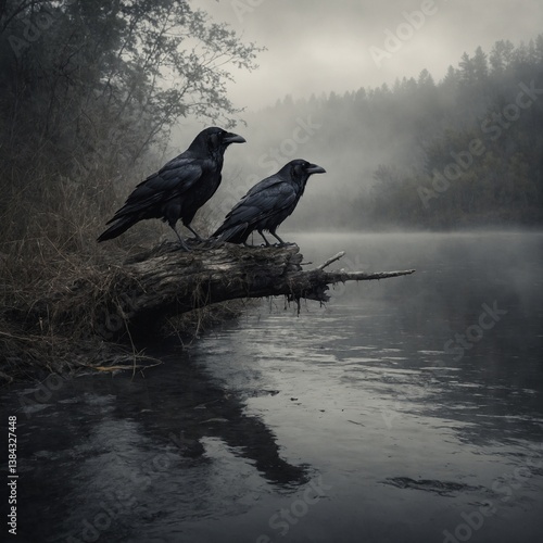 A charcoal sketch of a raven at a foggy river.