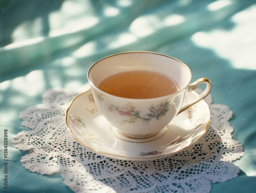Teacup and saucer on lace doily with soft window light and negative space on left