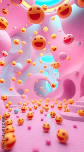 Happy emojis rain, vibrant pink space