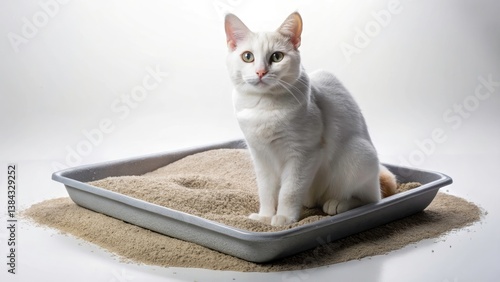 Aerial View White Plastic Cat Litter, Gray Mat, Sand Texture, Top-Down Shot, Pet Waste, Environmental Pollution, Plastic Pollution