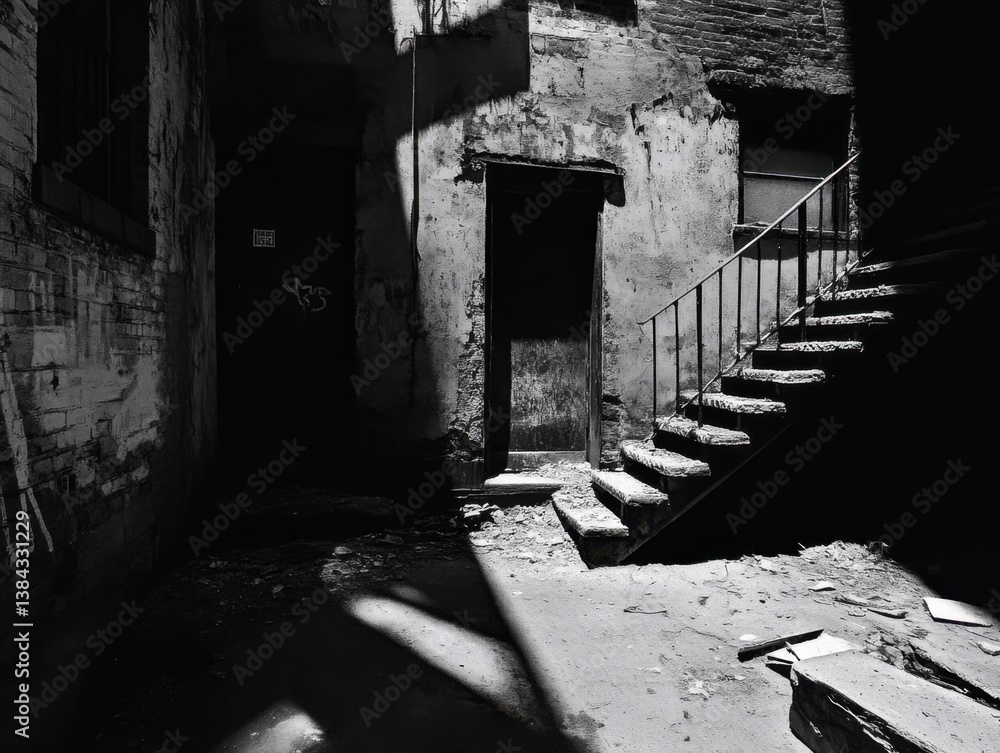 Obraz premium Urban alleyway infrared photography with dramatic shadows and gritty textures