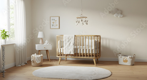 Elegant And Minimalist Nursery Interior Design Featuring a Wooden Crib
